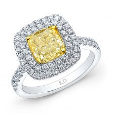 WHITE AND YELLOW GOLD FANCY YELLOW CUSHION HALO DIAMOND ENGAGEMENT RING