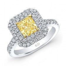 WHITE AND YELLOW GOLD FANCY YELLOW RADIANT HALO DIAMOND ENGAGEMENT RING