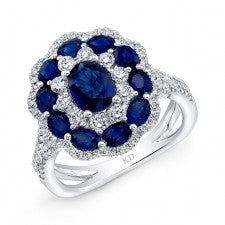 NATURAL COLOR WHITE GOLD SAPPHIRE FLOWER DIAMOND RING