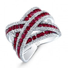 WHITE GOLD NATURAL COLOR CRISS CROSS RUBY DIAMOND RING