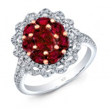 NATURAL COLOR WHITE & ROSE GOLD RUBY FLOWER DIAMOND RING