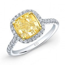 WHITE AND YELLOW GOLD FANCY YELLOW CUSHION DIAMOND HALO BRIDAL RING