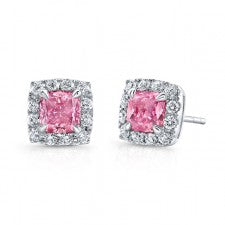 WHITE GOLD PINK ENHANCED CUSHION DIAMOND STUD EARRINGS