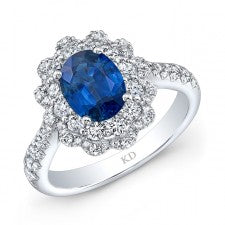 NATURAL COLOR WHITE GOLD VINTAGE OVAL SAPPHIRE HALO DIAMOND RING
