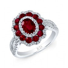 NATURAL COLOR WHITE GOLD RUBY FLOWER DIAMOND RING