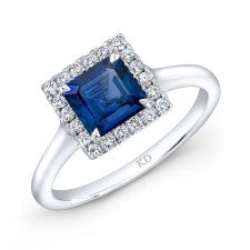 NATURAL COLOR WHITE GOLD ELEGANT SQUARE HALO SAPPHIRE RING