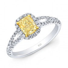 WHITE AND YELLOW GOLD ELEGANT FANCY YELLOW CUSHION DIAMOND BRIDAL RING