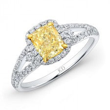 WHITE AND YELLOW GOLD FANCY YELLOW CUSHION DIAMOND HALO BRIDAL RING