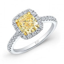 WHITE AND YELLOW GOLD CLASSIC FANCY YELLOW CUSHION DIAMOND BRIDAL RING