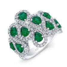 NATURAL COLOR WHITE GOLD FASHION EMERALD SWIRLED DIAMOND RING