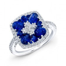 WHITE GOLD NATURAL COLOR INSPIRED SAPPHIRE FLOWER DIAMOND RING