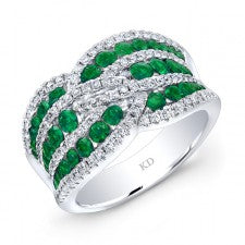 WHITE GOLD NATURAL COLOR TWISTED EMERALD DIAMOND RING