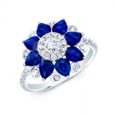 NATURAL COLOR WHITE GOLD SAPPHIRE FLOWER DIAMOND RING