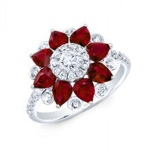 NATURAL COLOR WHITE GOLD RUBY FLOWER DIAMOND RING