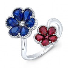 WHITE GOLD NATURAL COLOR RUBY & SAPPHIRE FLOWER DIAMOND RING