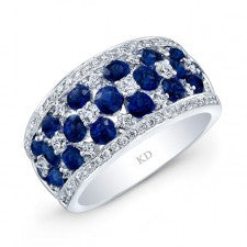 WHITE GOLD NATURAL COLOR ROUND SAPPHIRE CHECKERS DIAMOND RING