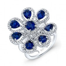 WHITE GOLD NATURAL COLOR SAPPHIRE FLOWER DIAMOND RING